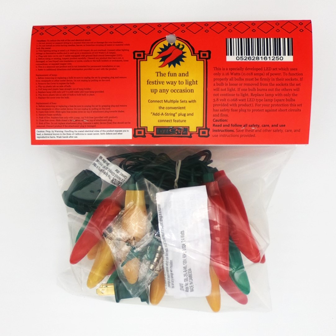 C16125 25 LED Multi-Color (Red Green Yellow) Chili Pepper Lights in packaging back by RC Company LLC